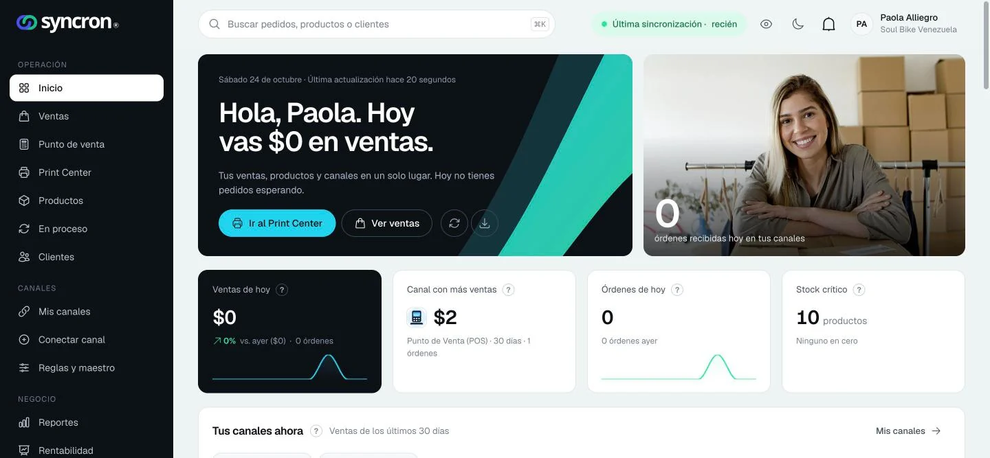 Inicio del panel nuevo de Syncron