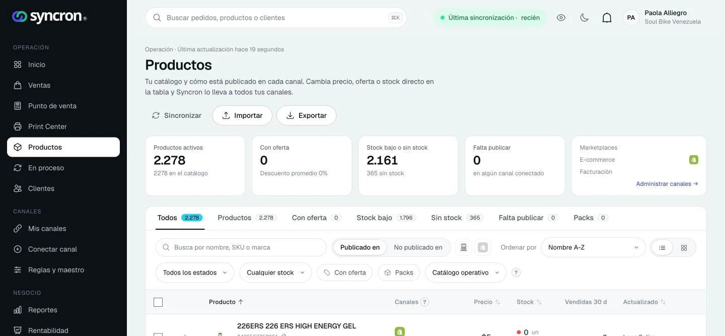Catálogo de Syncron con stock y precio por producto